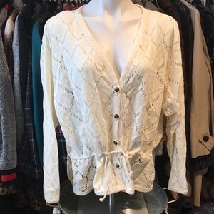 Vintage 1970s 1960s Off White Cream Open Knit Geometric Cinch Waist Sweater